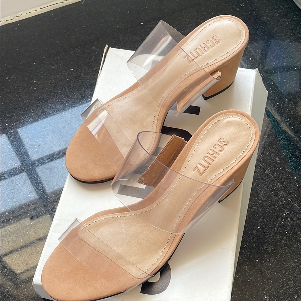 SCHUTZ Tan Mules with Transparent Strap